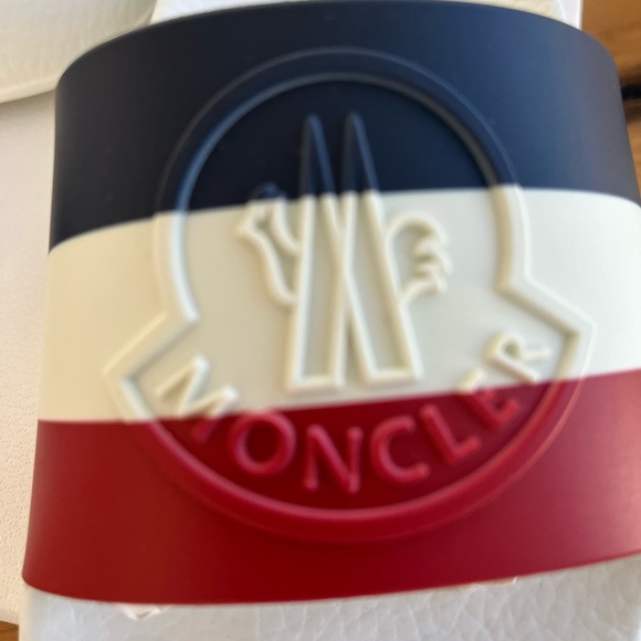 Moncler Women's Striped Logo Embossed Rubber Slide 'Jeane' Sandals in White - Picture 6 of 8